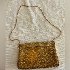 Walborg of Hong Kong Small Gold Beaded Clutch Purse With Gold Chain Handle